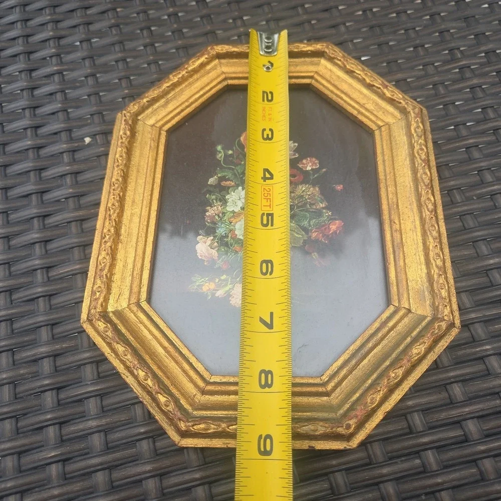 Vtg Florentine Italy Ornate Gold Wood Frame Octagon Glass Floral Print Cottage
